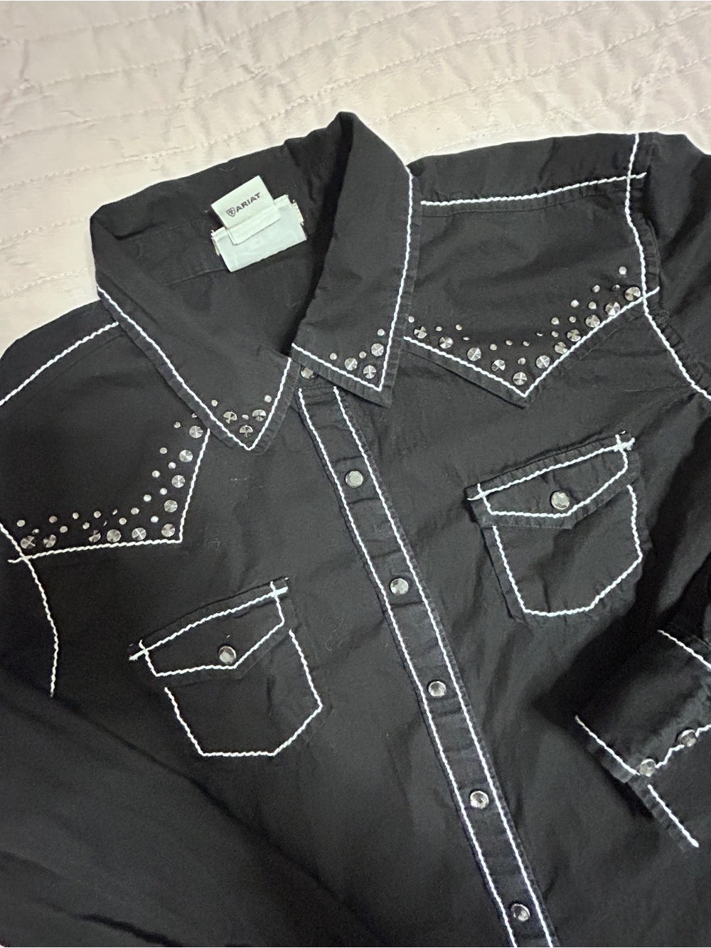 Ariat Black women's Large fitted rhinestone western snap shirt cowgirl *FLAW